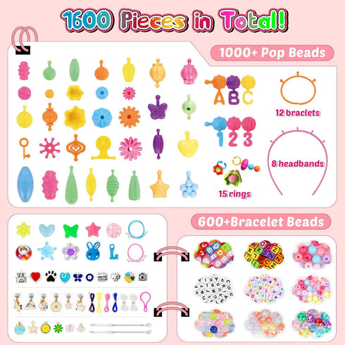 1600 Set, 3-9 FUNZBO Pcs Pop Beads with Bracelet Making Kit, Jewelry Making Kit for Little Girls, Arts and Crafts Toys