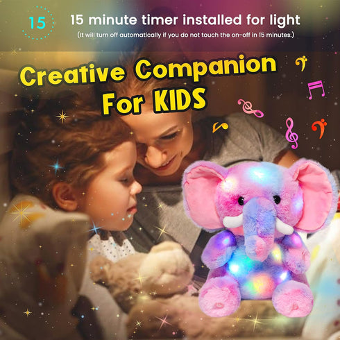11'' Hopearl Colorful LED Musical Stuffed Elephant Light up Singing Plush Elephish Adjustable Volume Lullaby Animated