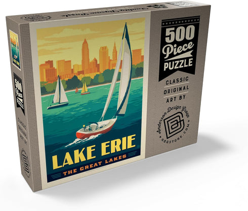 MyPuzzle Great Lakes: Lake Erie, Vintage Poster - Premium 500 Piece Jigsaw Puzzle for Adults