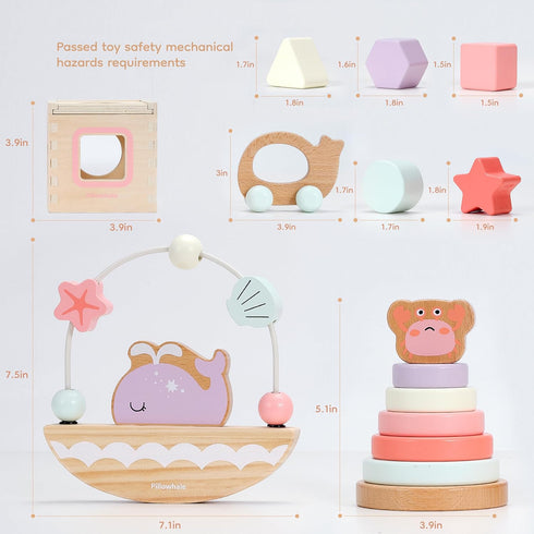 Set 12M+ 4-in-1 Pillowhale Montessori Wooden Toys for Toddlers Educational Toy with Stacking Rings, Shape Sorter, Bead