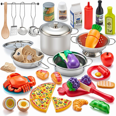 Kidsciety Pretend Play Accessories - 52pc Kids Kitchen Playset with Play Food,