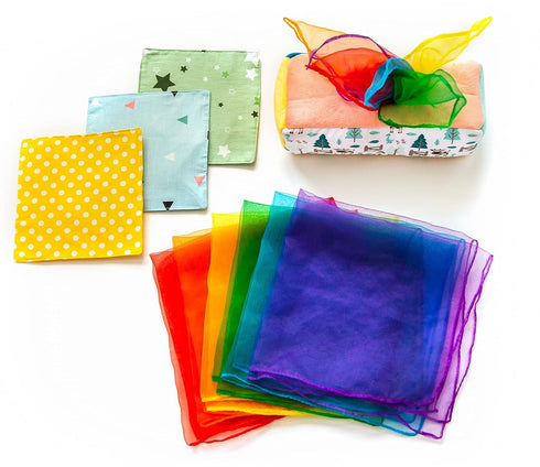 Baby Tissue Box Toy - Montessori Play for Infants and Toddlers, Sensory Textured Box with 12 Matching Colorful Scarves
