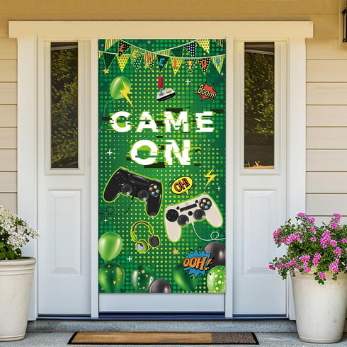 Green Level Up Game On Door Banner - Video Game Party Decoration and Photo Backdrop for Boys 1st Birthday
