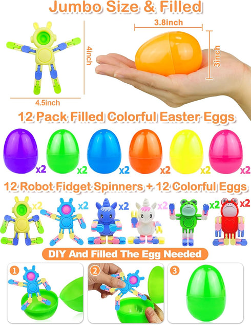 12 Pack 3.8'' Jumbo Filled Easter Eggs with Toys Transformable Animal Bunny Unicorn Fidget Spinners ,Easter Basket