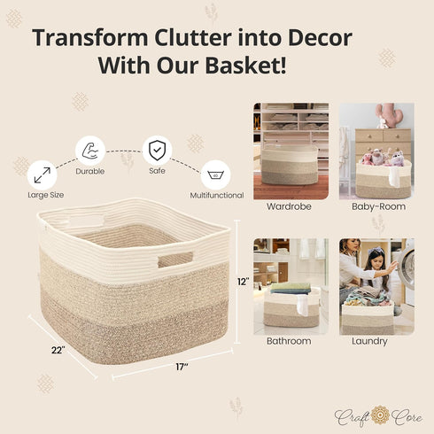 Large Woven Cotton Rope Storage Basket with Handles, 22" x 17" x 12", Gradient Beige for Living Room, Nursery, Bedroom,