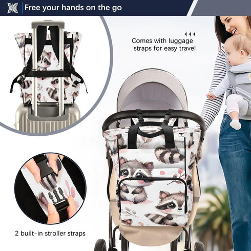 YANENDIE Backpack, Backpack Backpack Kawaii Raccoon Pattern Diaper Bag Unisex Travel Baby Diaper Bags with Stroller