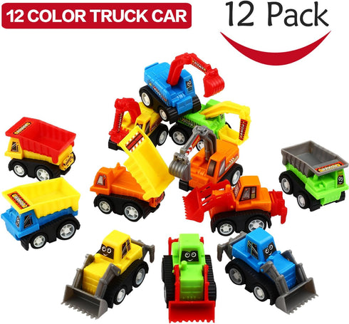 12-Piece Mini Truck Toy Kit - Pull Back Construction Vehicles for Kids, Great Party Favors, Birthday Gifts, Classroom Rewards, and Stocking Stuffers