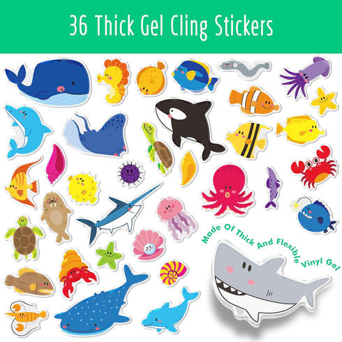 36 Reusable Jelly Sticker Book, Marine Animals Thick Jelly Stickers Waterproof Gel Clings Decals Animals Theme Matching
