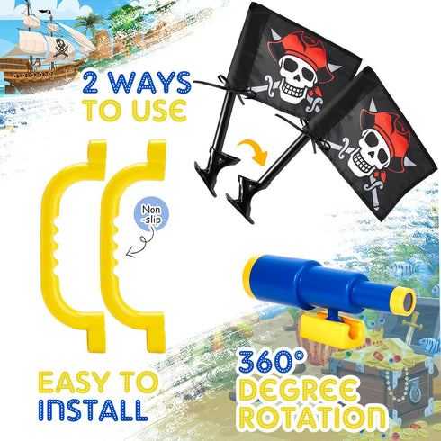 Junkin 5 Pcs Plastic Pirate Steering Wheel, Telescope, Safety Handles, and Flags for Outdoor Swing Set Accessories