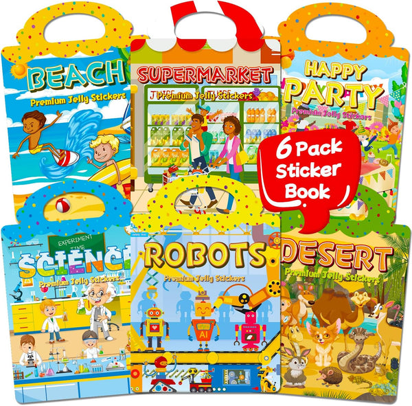 6 Sets Reusable Sticker Book for Toddlers 1-3, Jelly Stickers Book for
