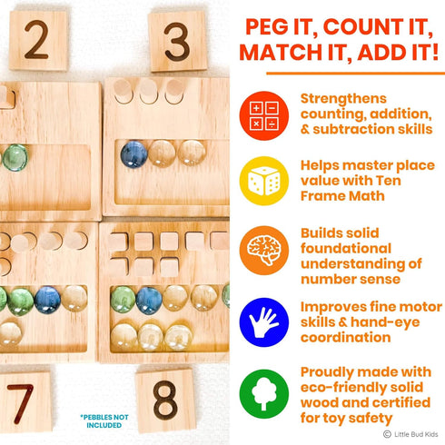 LITTLE BUD KIDS Counting Pegs - A Wooden Montessori Math Toy with Ten Frame Math Game, Addition and Subtraction Flash