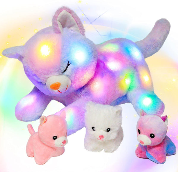 Hopearl LED Plush Cat with 3 Baby Kittens, Stuffed Animal Playset Night Lights Glow in The Dark for Kids.