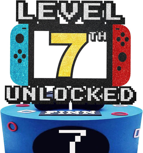 Level 7th Unlocked Cake Topper, Game Theme Party Decorations for 7th Happy Birthday Level Up