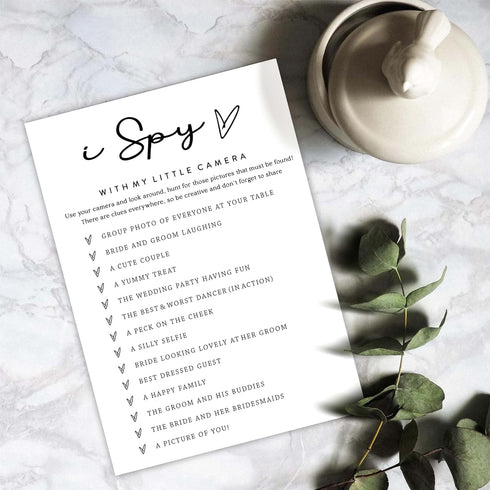 White Theme Bridal Shower Games for 25 Guests, I Spy with My Little Camera, Wedding Advice Cards, Reception Games - A02