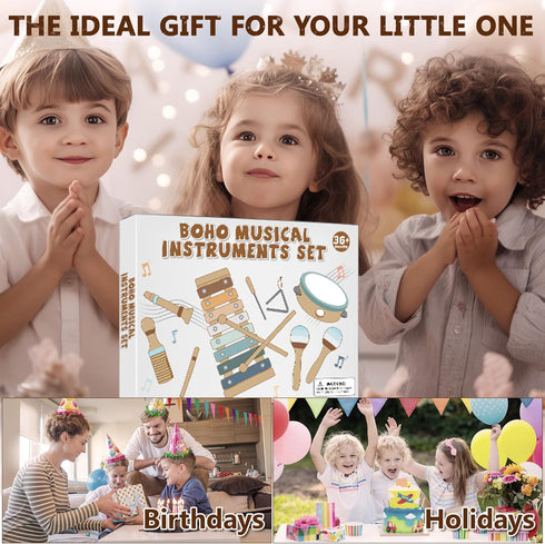 Set 3+ Baby Musical Instruments | Montessori Wooden Toys for Toddlers, Neutral Color Percussion Instruments