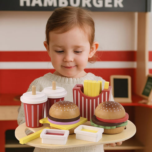 Set 26 3+, 3-8 Pillowhale Wooden Play Food for Kids - Pcs Hamburger Pretend Play Food with Fries & Drinks, Montessori