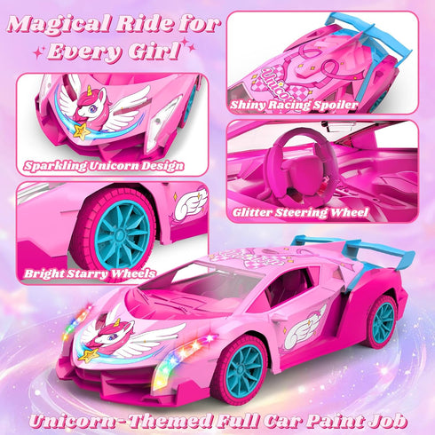 Tqeieu Car,2.4GHz 1:18 3 4 5 6 7 8 9 10 11 12,Girls 3-12 Unicorn RC Car for Girls, Rainbow Glow & Drift Wing Remote