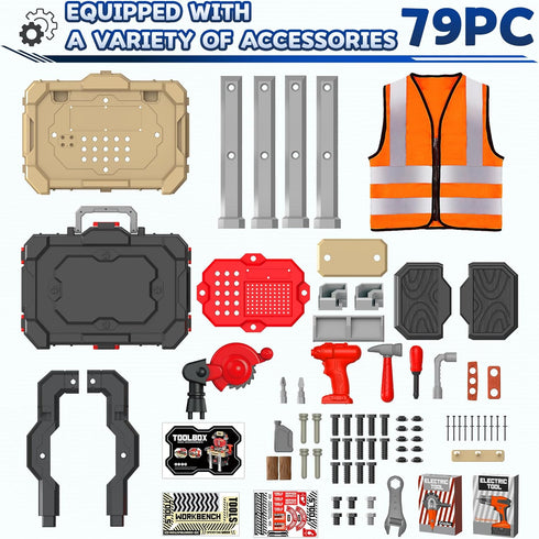 Set, 79pcs Set Playset, 3-5 Toddler Tool Bench Pretend Construction Toy with Drill for Kids Workbench Tool Bench