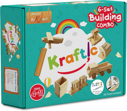 Kraftic Woodworking Building Kit - 6 Educational Arts and Crafts DIY Carpentry Construction Projects for Kids