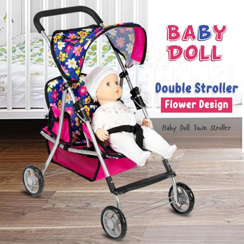 Set fash n kolor Twin Baby Doll Stroller - Pretend Play Baby Stroller for Dolls - Toy Stroller with Storage Basket