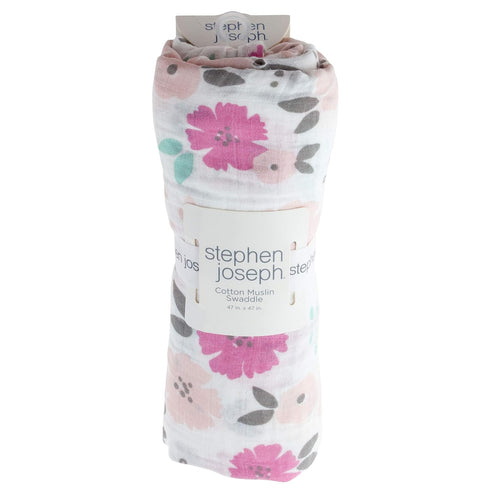 Stephen Joseph, Muslin Swaddle Blanket for Baby Girls and Boys, Newborn Receiving Blanket for Swaddling, 100% Cotton Baby Swaddle Wrap, Receiving Swaddle Wrap, 47 x 47 inches, Flower by Stephen Joseph