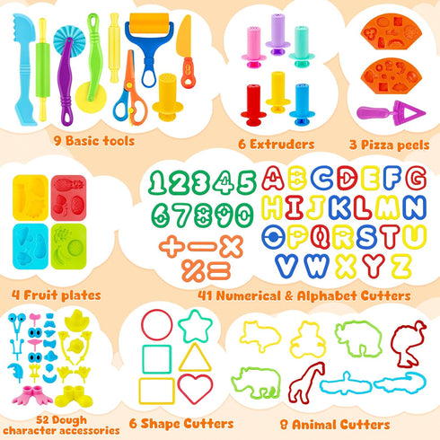 130-Piece Set 3-8, 6 iShyan Dough Tools for Kids Ages Alphabet & Number Cutters, Animal & Shape Cutters, Extruders