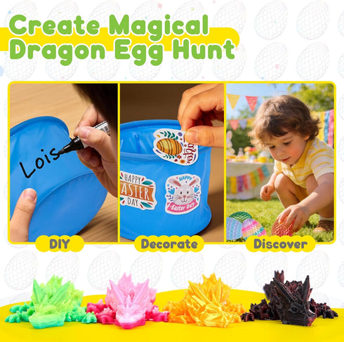 24 Pack 3D 3D 5-7 8-12 TBOLINE Printed Dragon Egg, Articulated Crystal Animals Dragon Fidget Toys with Basket