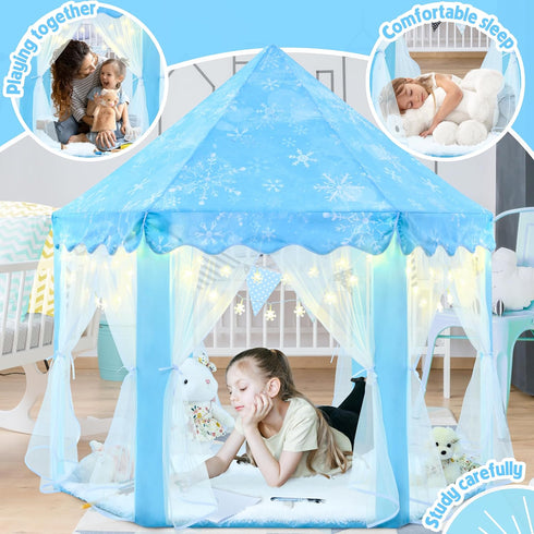 EVOIONOS Frozen Princess Tent for Girls - Kids Play Tent with Snowflake Lights, Castle Playhouse, 55 x 53 inches, Blue