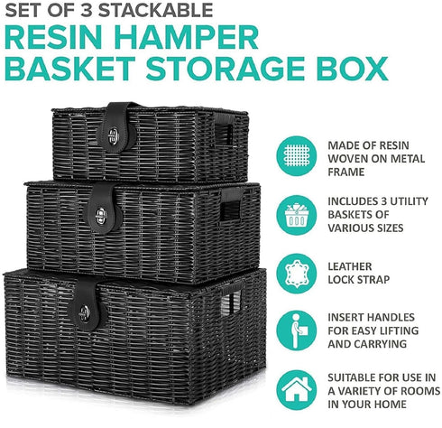 Set of 3 Woven Storage Basket Box - Stackable Bin with Lid & Lock, Built-in Carry Handles for Nursery, Baby Closet