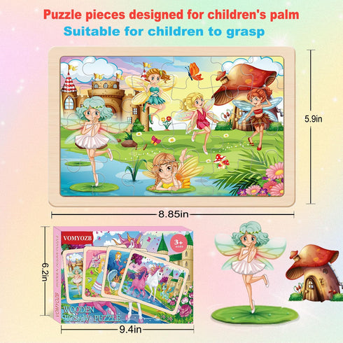 Wooden Puzzles for Kids Ages 4-6, 4 Packs 24 PCs Unicorn Mermaid Princess Fairy Jigsaw Puzzles