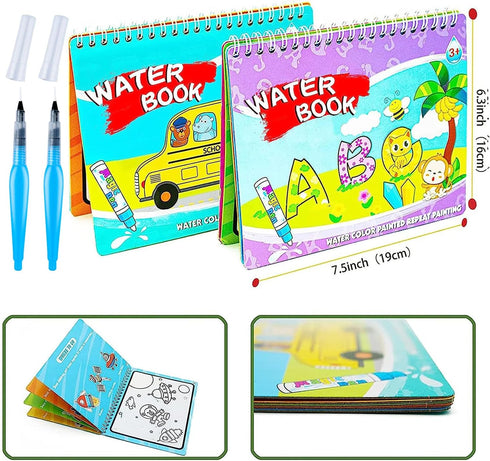 Magic Water Paint Coloring Books for Toddlers, Art Toys Age 2-4, Educational Doodle Toy (Alphabet Transportation 2 Pack)