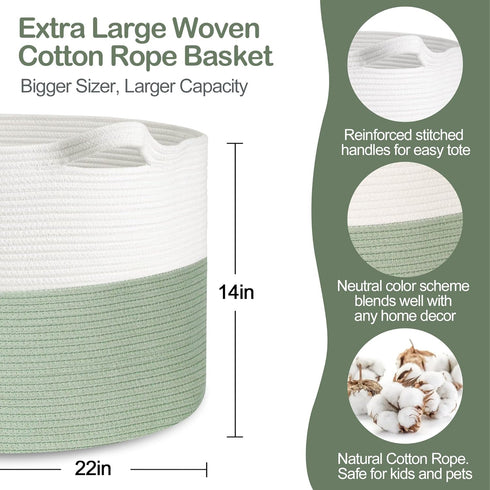Extra Large Green Storage Baskets, 22" X 22" X 14", Soft Cotton Rope Woven Basket for Kids Toy Organizer