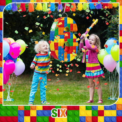 Number 6 Building Blocks Piñata, 16.5 Inch Party Supplies for 6th Birthday Decorations, Confetti Blocks Theme
