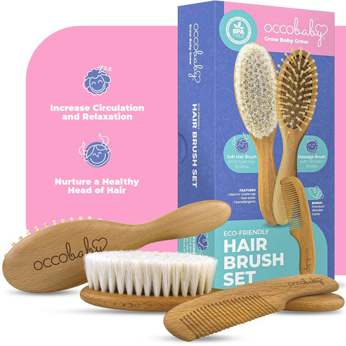 Set OCCObaby Wooden Baby Hair brush for Newborns & Toddlers - Soft Hair Brush for Baby Grooming - Baby Scalp Brush