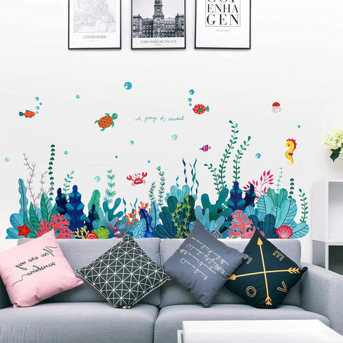 Removable 3D Under The Sea View Grass Wall Decal, DIY Ocean Coral Seaweed Stickers for Kids Bedroom