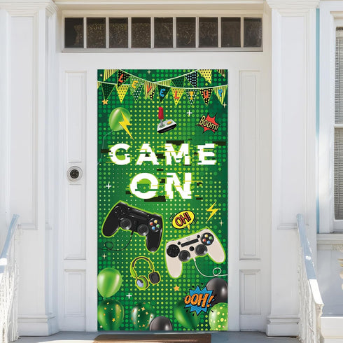 Green Level Up Game On Door Banner - Video Game Party Decoration and Photo Backdrop for Boys 1st Birthday