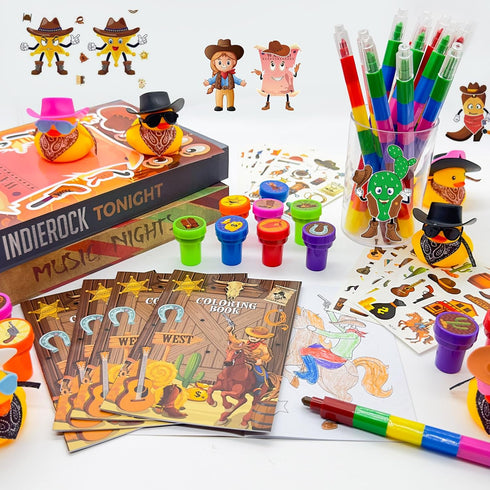 144 Set Cinrobiye Pcs Western Cowboy Party Favors, Wild West Coloring Books, Stickers, Tattoos, Stampers, Rubber Ducks