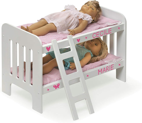 Badger Basket Toy Doll Bunk Bed with Gingham Bedding, Ladder, Personalization Kit for 20 Inch Dolls - White/Pink