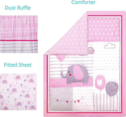 Set 3 Set La Premura Baby Crib Bedding for Girls, Pink Elephant & Love Balloons Piece Standard Size Nursery Crib
