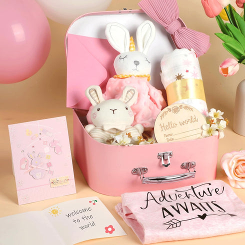 Set Set Shower Gifts Basket Gift for Newborns New Born Gift Pink Gift Basket with Rattle Swaddle Blanket Decision Coin