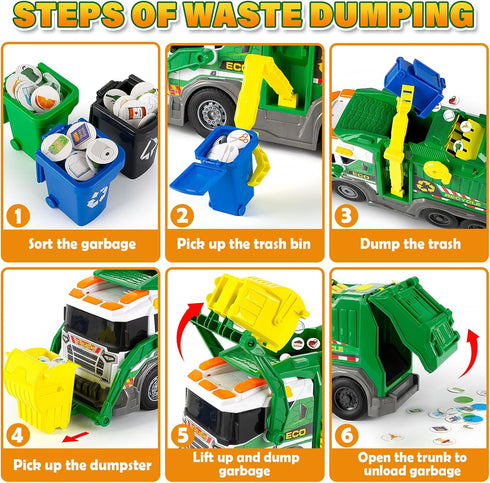 Set 3 4 5 6 7 8, Large Garbage Truck Toy for Boys Ages Kids Trash Truck with Sound, Light, Dumpster, Trash Bins