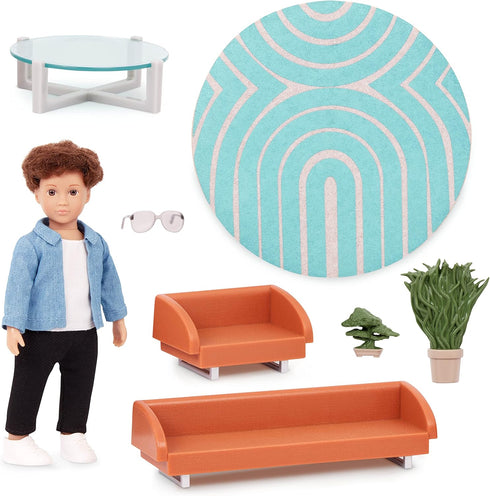 Lori Mini Boy Doll & Toy Living Room Furniture Set – 6-inch Doll with Sofa, Armchair, Coffee Table, Rug, Plants