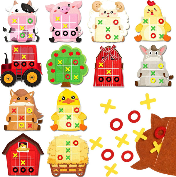 24 Pack Farm Animals Tic Tac Toe Board Game, Felt Barnyard Party Favors for Farm Themed Supplies