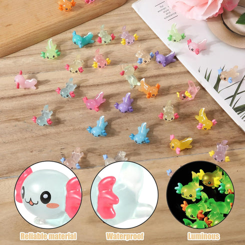 XIHIRCD 64pcs (16 Mini Axolotl Figures, Glow in The Dark Resin Axolotl Tiny Animal Figurines Ornament Axolotl Charms
