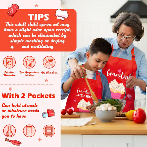 R HORSE Adults Kids Matching Apron Set | 2Pcs Adjustable Kitchen Apron with 2 Pockets | Gift for Cooking, Baking,