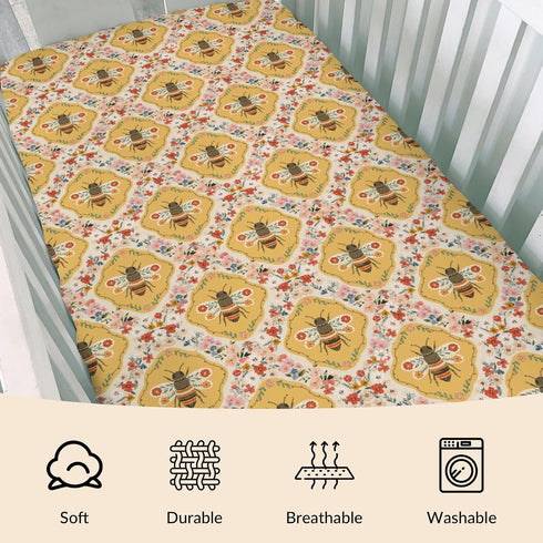 Cstdyfrv 28"x52" Vintage Bees Boho Floral Baby Crib Sheets Yellow Bees Flowers Spring Baby Sheet Nature Garden Fitted