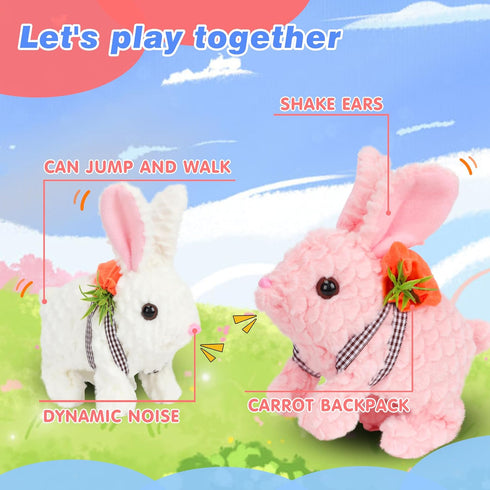 Hopearl Hopping Rabbit with LED Ears Carrot Backpack, Interactive Plush Bunny Toy with Sounds, Gift for Toddlers, Pink,