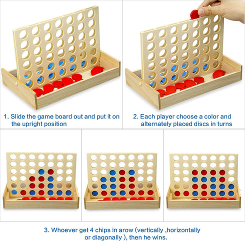 4 in a Row Wooden Connect Board Game | Foldable Line up 4 Game | Classic Strategy Family Fun Toy