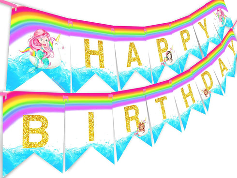 Mermaid Unicorn Happy Birthday Pennant Banner - Pool Party Decorations & Mermaid Party Supplies