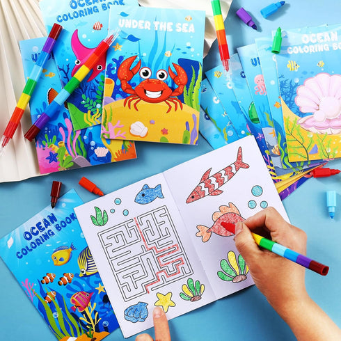 12 12 BenLouis Under the Sea Mini Coloring Books Kids with Stacking Crayons Ocean Animals Party Favors Small Activity
